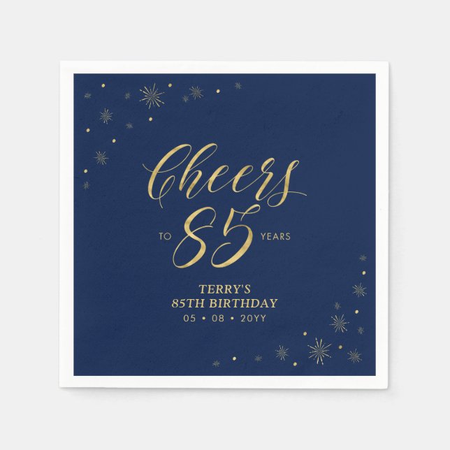 Gold & Navy | Modern Cheers 85th Birthday Party Napkins (Front)