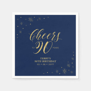 Gold & Navy Modern Cheers 90th Birthday Party Napkins