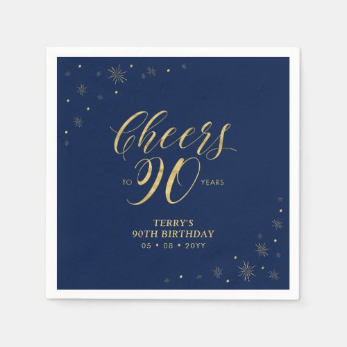 Gold  Navy  Modern Cheers 90th Birthday Party Napkins