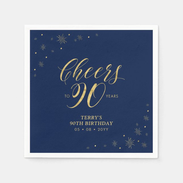 Gold & Navy | Modern Cheers 90th Birthday Party Napkins (Front)