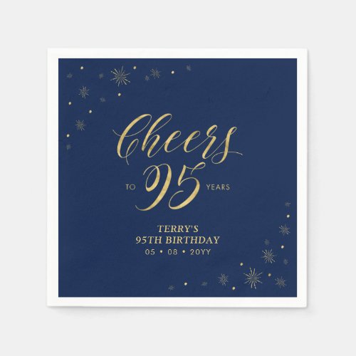 Gold  Navy  Modern Cheers 95th Birthday Party Napkins