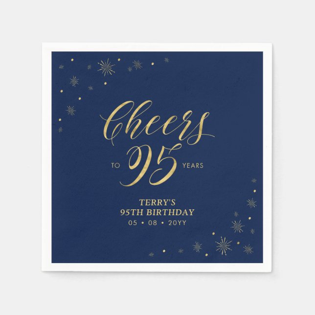 Gold & Navy | Modern Cheers 95th Birthday Party Napkins (Front)