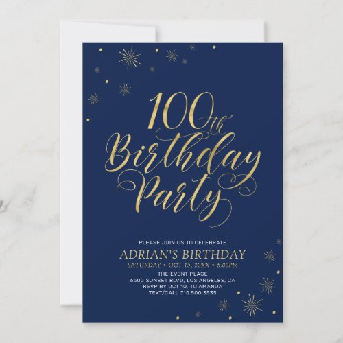 Gold  Navy  Modern Chic 100th Birthday Party Invitation