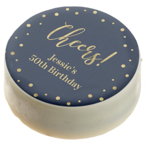 Gold  Navy Modern Confetti Cheers Birthday Party Chocolate Covered Oreo