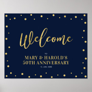 Gold & Navy Modern Confetti Welcome Party Sign