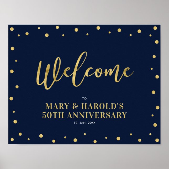 Gold & Navy | Modern Confetti Welcome Party Sign (Front)