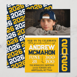 Gold & Navy Modern Graduation Photo Invitation