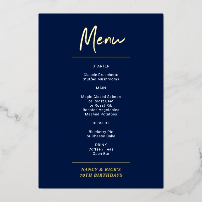 Gold & Navy Modern Lettering Birthday Party Menu Foil Invitation (Front)
