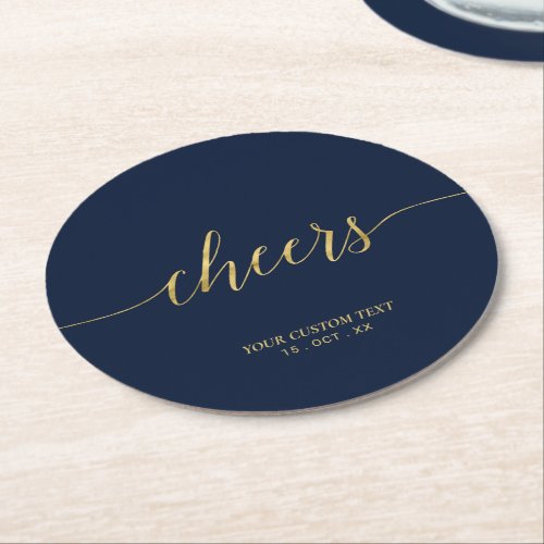 Gold  Navy Modern Lettering Cheers Party Event Round Paper Coaster