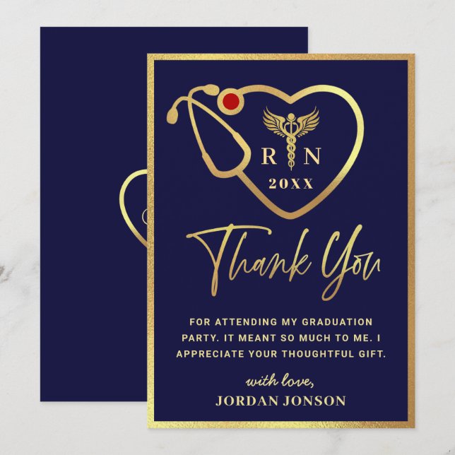 Gold Navy Modern Nursing School Graduation Thank Y You Card (Front/Back)