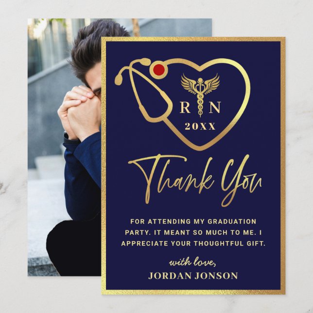 Gold Navy Modern Nursing School Graduation Thank You Card (Front/Back)