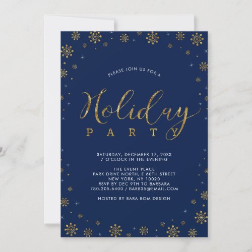 Gold  Navy  Modern Snowflakes Holiday Party Invitation