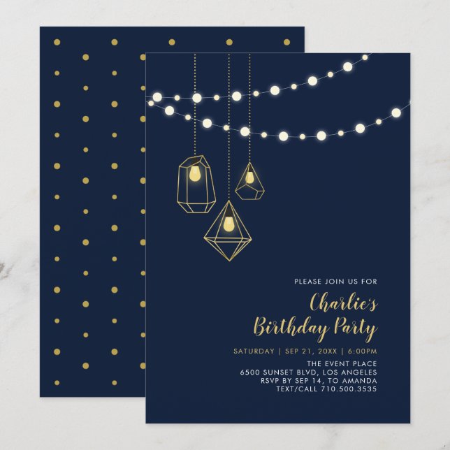 Gold & Navy | Modern String Lights Birthday Party Invitation (Front/Back)