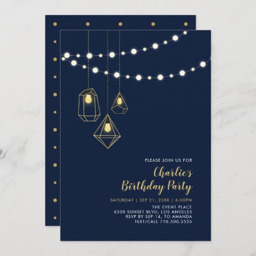 Gold  Navy  Modern String Lights Birthday Party Invitation