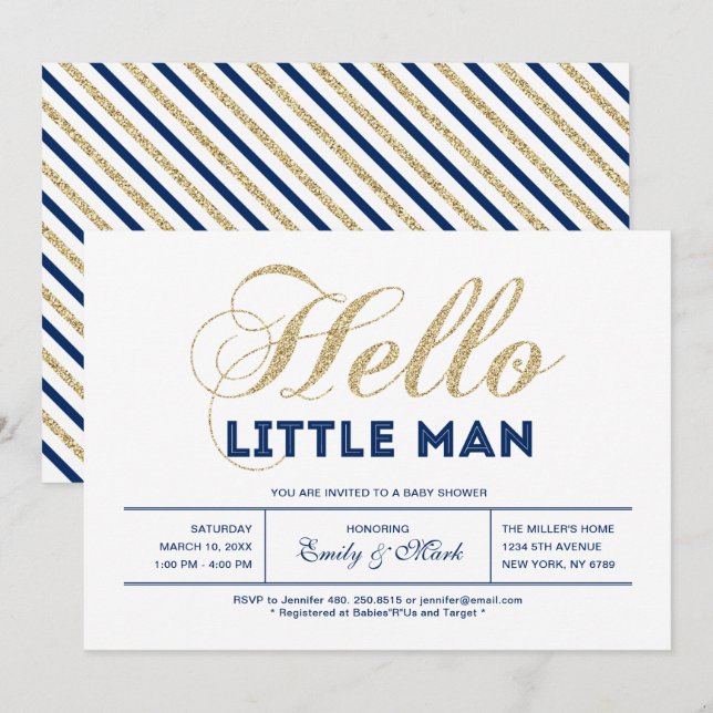 Gold, Navy | Modern Typography Boy Baby Shower Invitation (Front/Back)