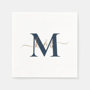 Gold & Navy Monogram Swash Script White Cocktail Napkins