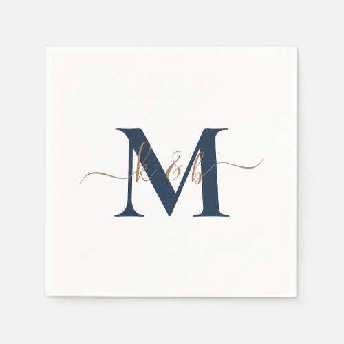 Gold  Navy Monogram Swash Script White Cocktail  Napkins