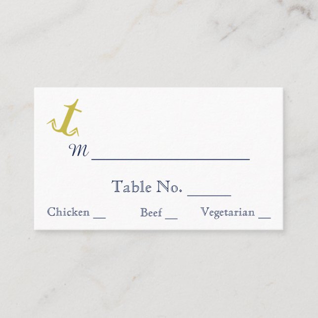 Gold Navy Nautical Anchor Beach Wedding Place Card (Front)