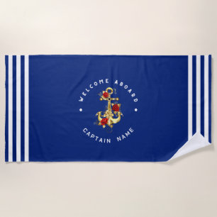 Gold Navy Nautical Anchor yacht club retro Rose Na Beach Towel
