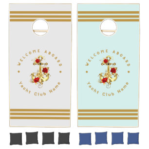 Gold Navy Nautical Anchor yacht club retro Rose Na Cornhole Set