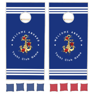 Gold Navy Nautical Anchor yacht club retro Rose Na Cornhole Set