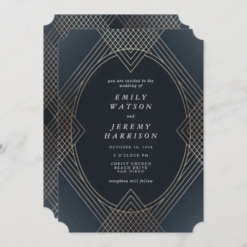 Gold Navy Oval Geometric Art Deco Gatsby Wedding Invitation