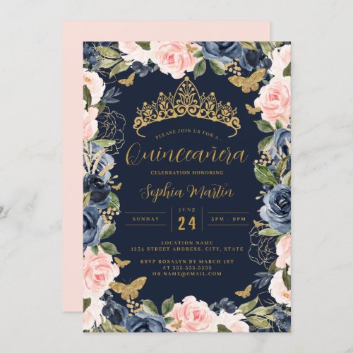 Gold Navy Pink Floral Tiara Butterfly Quinceanera  Invitation