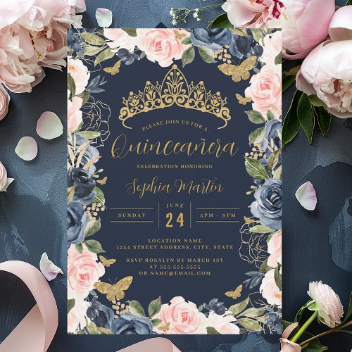Gold Navy Pink Floral Tiara Butterfly Quinceanera  Invitation
