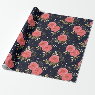 Gold, Navy & Pink Hand Drawn Rose Floral Pattern Wrapping Paper