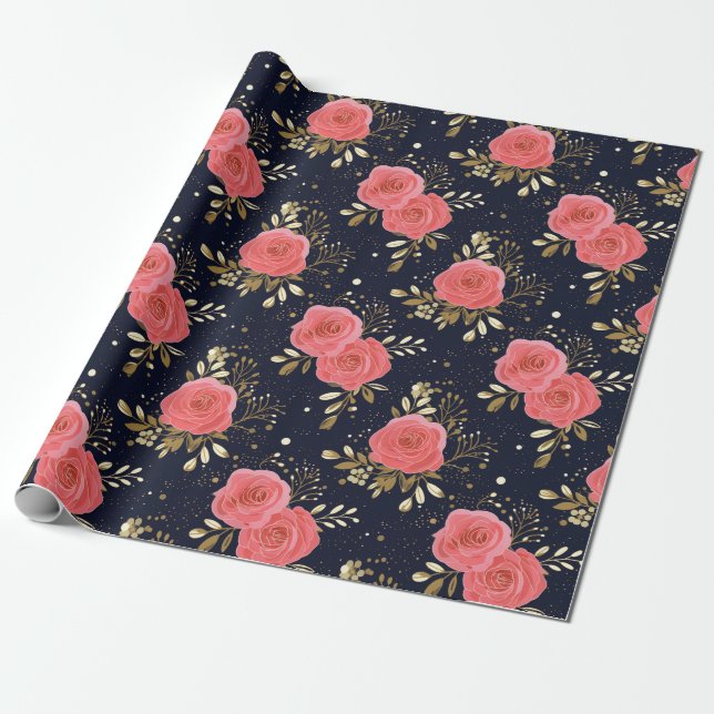 Gold, Navy & Pink Hand Drawn Rose Floral Pattern Wrapping Paper (Unrolled)