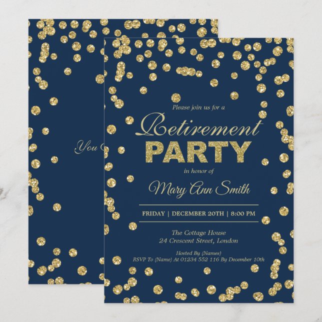 Gold Navy Retirement Party Glitter Confetti Invitation (Front/Back)