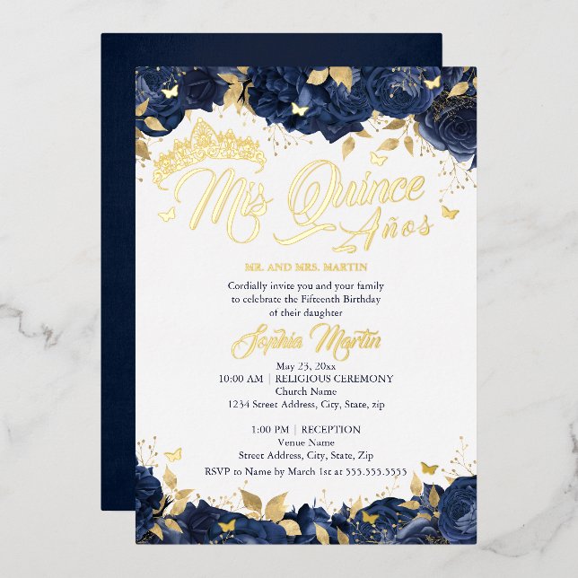 Gold Navy Rose Mis Quince Quinceanera  Foil Invitation (Front/Back)