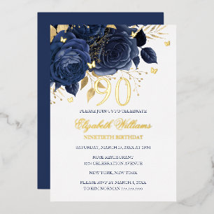 Gold Navy Rose Sparkling Butterfly 90th Birthday  Foil Invitation