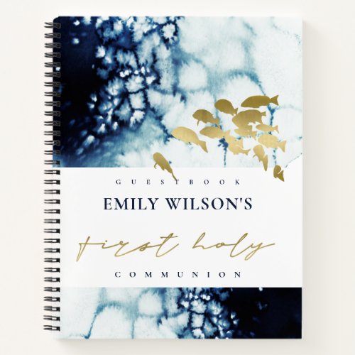 GOLD NAVY SEA FISHFIRST HOLY COMMUNION GUESTBOOK NOTEBOOK