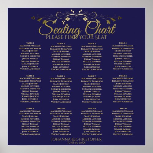 Gold  Navy Simple 12 Table Wedding Seating Chart