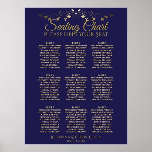 Gold  Navy Simple 9 Table Wedding Seating Chart