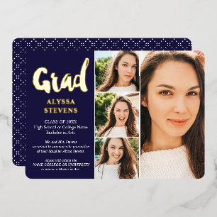 Gold navy simple Grad script 4 photos graduation Foil Invitation