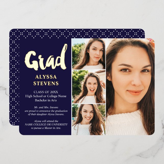 Gold navy simple Grad script 4 photos graduation Foil Invitation (Front/Back)