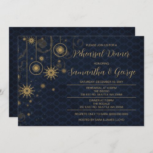 Gold Navy Snowflakes Winter Rehearsal Dinner Invitation