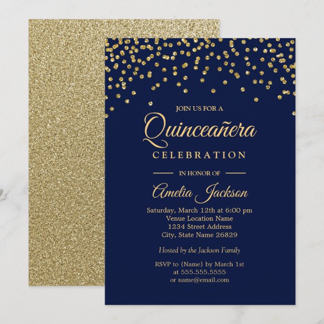 Gold Navy Sparkle Confetti Quinceanera Invite (Front/Back)