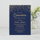 Gold Navy Sparkle Confetti Quinceanera Invite (Standing Front)