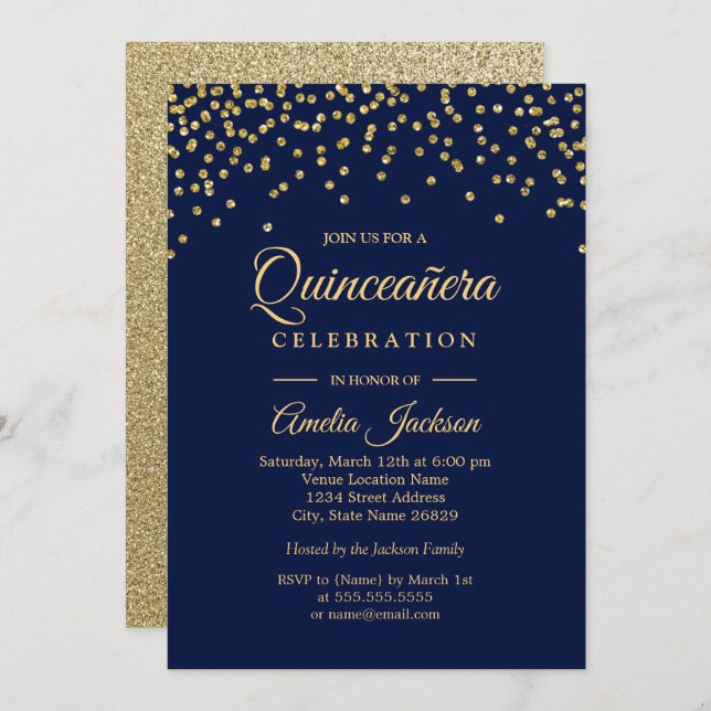 Gold Navy Sparkle Confetti Quinceanera Invite (Front/Back)