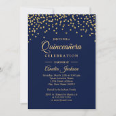 Gold Navy Sparkle Confetti Quinceanera Invite (Front)
