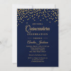 Gold Navy Sparkle Confetti Quinceanera Invite