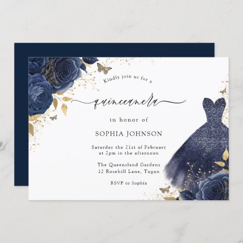 Gold  Navy Sparkle Dress Rose Quinceanera Invitation