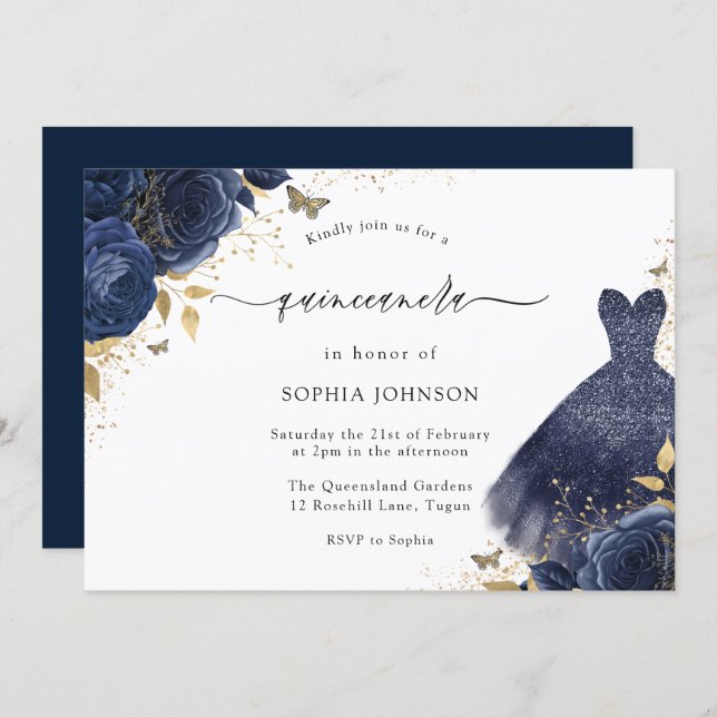 Gold & Navy Sparkle Dress Rose Quinceanera Invitation (Front/Back)