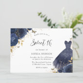Gold & Navy Sparkle Dress Rose Sweet 16 Party Invitation (Standing Front)