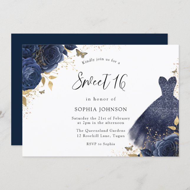 Gold & Navy Sparkle Dress Rose Sweet 16 Party Invitation (Front/Back)