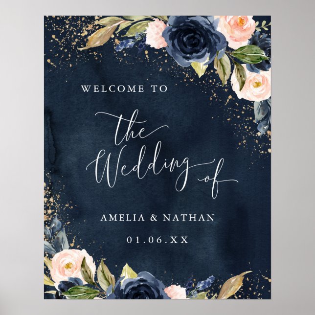 Gold Navy Sparkle Floral Welcome Wedding Poster (Front)