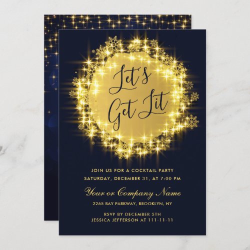 Gold Navy Sparkle Lights Christmas COCKTAIL Party Invitation